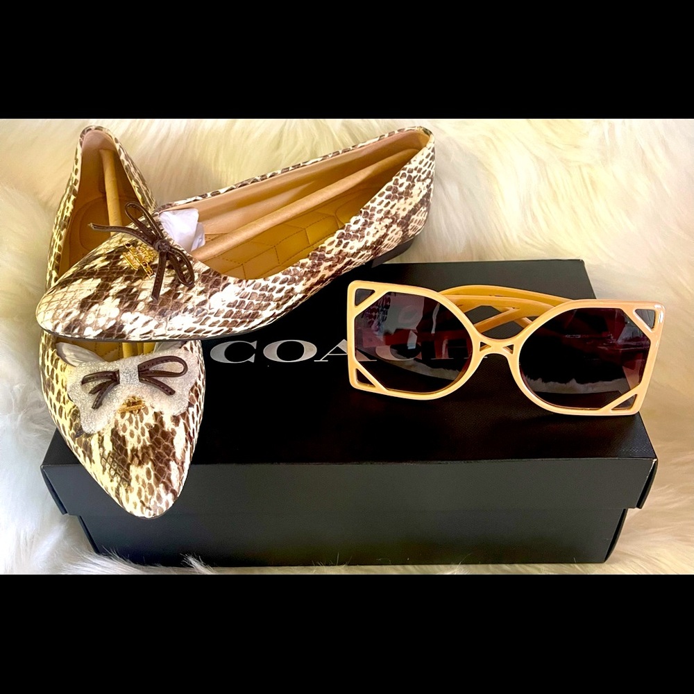 Authentic Brand new Coach snakeskin slippers w/free pair new sunglasses.
